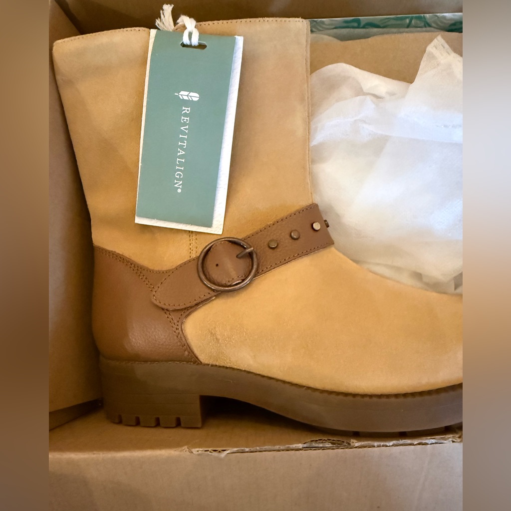 Revitalign Women's Tan Suede Ankle Boot With Buckle Strap
